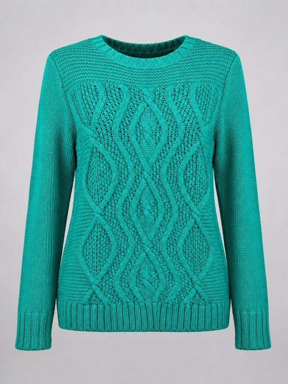 Lands End Womens Large Drifter Cable Knit Sweater Green Long Sleeve Cotton 14-16